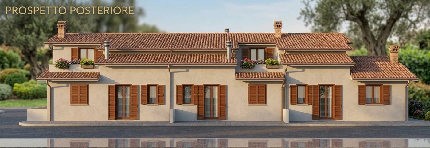 Rendering del prospetto posteriore di 3 unità residenziali a Prato