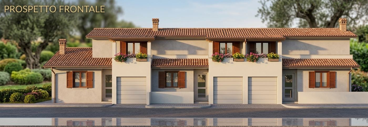 Rendering del prospetto frontale di 3 unità residenziali a Prato