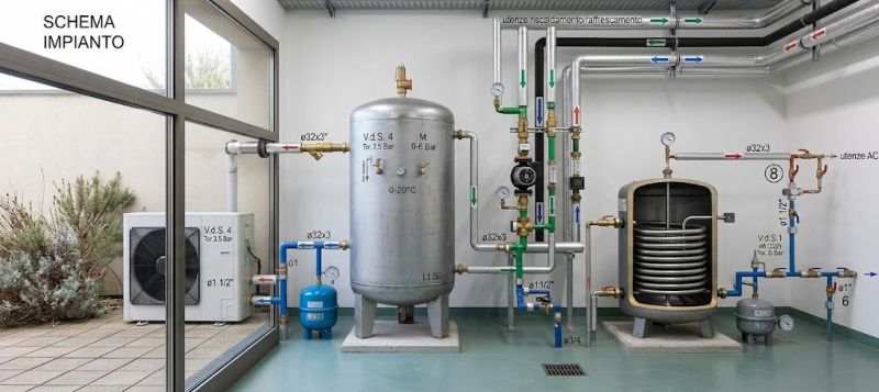 Rendering dello schema dell'impianto termico con pompa di calore e accumuli